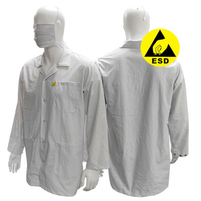 XS-10XL غرفة نظيفة معطف ESD أبيض 96% بوليستر + 4% كربون قابل للغسيل مضاد للحرارة