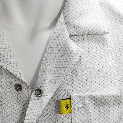 XS-10XL غرفة نظيفة معطف ESD أبيض 96% بوليستر + 4% كربون قابل للغسيل مضاد للحرارة